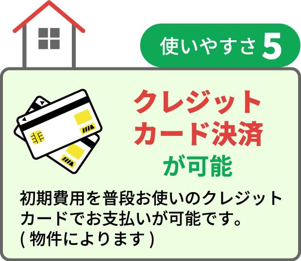 クレジットカード決済が可能 初期費用を普段お使いのクレジットカードでお支払いが可能です。（物件によります）
